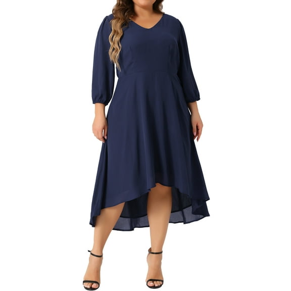 Agnes Orinda Women's Plus Size Dresses Chiffon V Neck 3/4 Sleeves A-Line Midi Wedding Guest Dress 4X Dark Blue