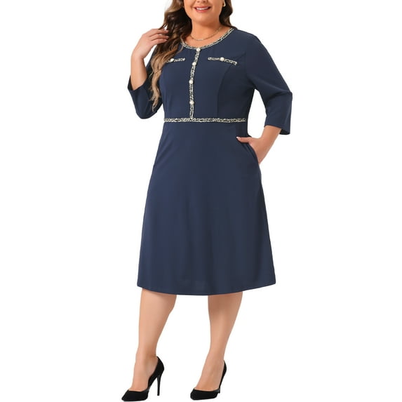 Agnes Orinda Women's Plus Size Dresses Crew Neck 3/4 Sleeve Vintage Work Cocktail Bodycon Pencil Dress 2X Dark Blue