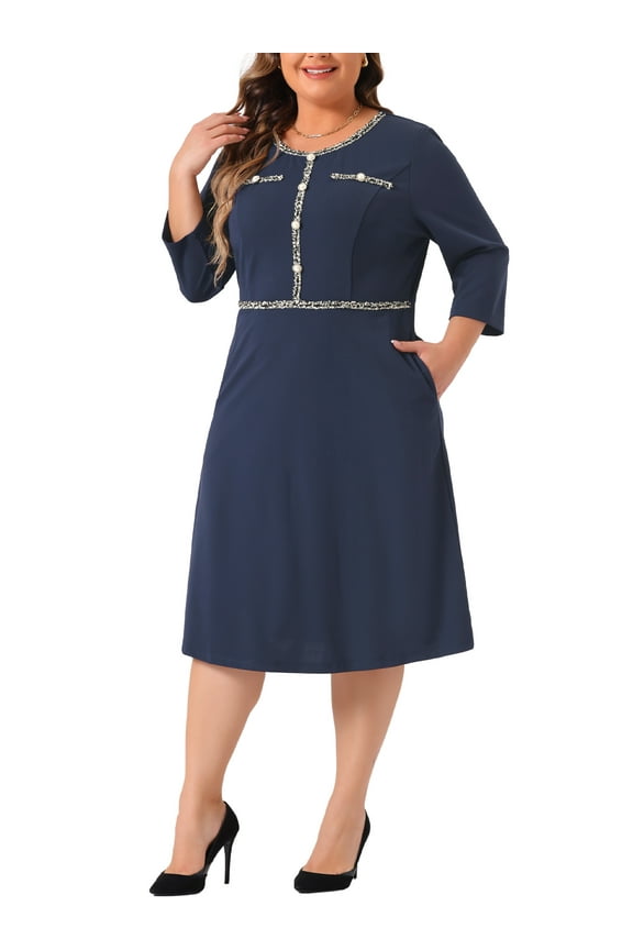 Women's Plus Size Dresses Crew Neck 3/4 Sleeve Vintage Work Cocktail Bodycon Pencil Dress 3X Dark Blue