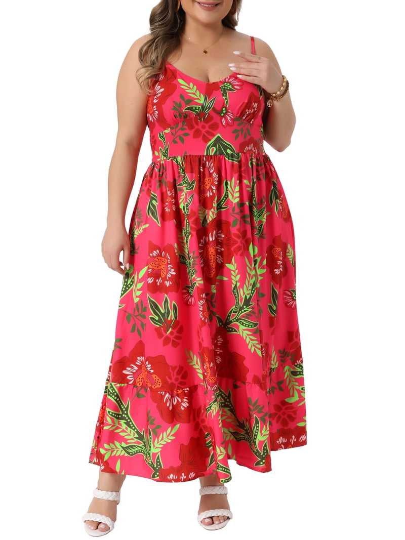 Agnes Orinda Women's Plus Size Dresses Floral Back Smocked V Neck Spaghetti Straps Sleeveless Summer Casual Maxi Cami Dress 2X Red
