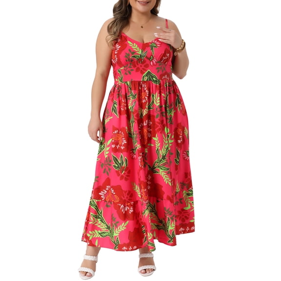 Agnes Orinda Women's Plus Size Dresses Floral Back Smocked V Neck Spaghetti Straps Sleeveless Summer Casual Maxi Cami Dress 2X Red