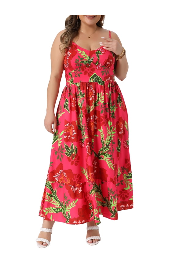 Women's Plus Size Dresses Floral Back Smocked V Neck Spaghetti Straps Sleeveless Summer Casual Maxi Cami Dress L Red