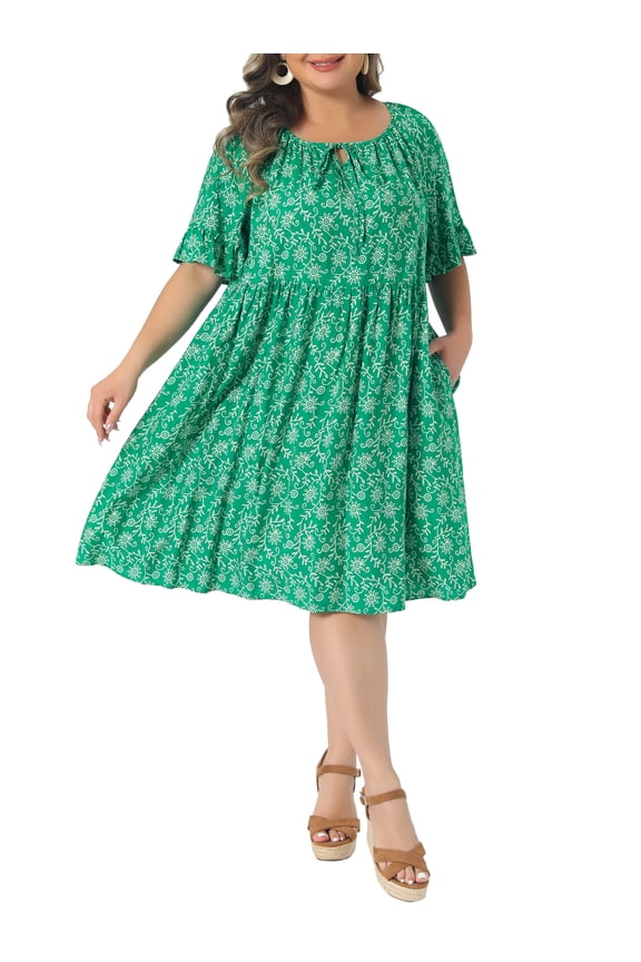 Women's Plus Size Dresses Floral Boho Scoop Neck Tie Ruffle Short Sleeve Summer Casual Midi Dresses with Pockets 2X Green