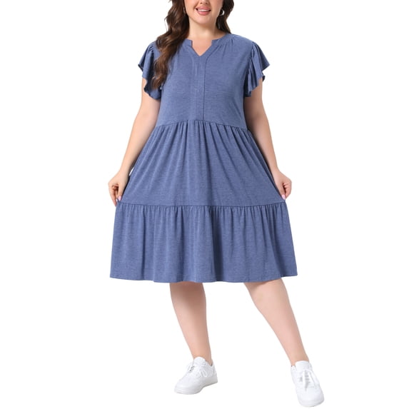 Agnes Orinda Women's Plus Size Dresses Flowy Tiered V Neck Ruffle Sleeve Summer Casual Midi Dresses with Pockets 4X Navy Blue