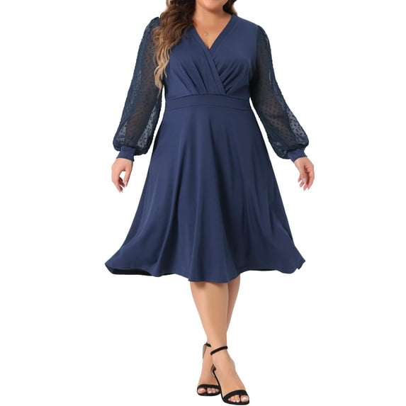 Agnes Orinda Women's Plus Size Dress Long Sleeve Swiss Dots V Neck Wrap Formal Dresses 1X Navy Blue