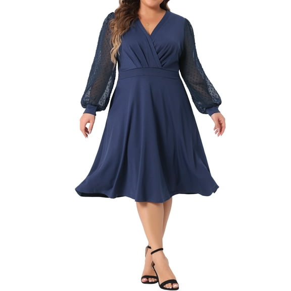 Agnes Orinda Women's Plus Size Dress Long Sleeve Swiss Dots V Neck Wrap Formal Dresses 3X Navy Blue