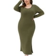 thumbnail image 1 of Agnes Orinda Women's Plus Size St. Patrick's Day Dresses Ribbed Knit Side Slit Crew Neck Long Sleeve Casual Slim Fit Bodycon Maxi Dress 2X Army Green, 1 of 5