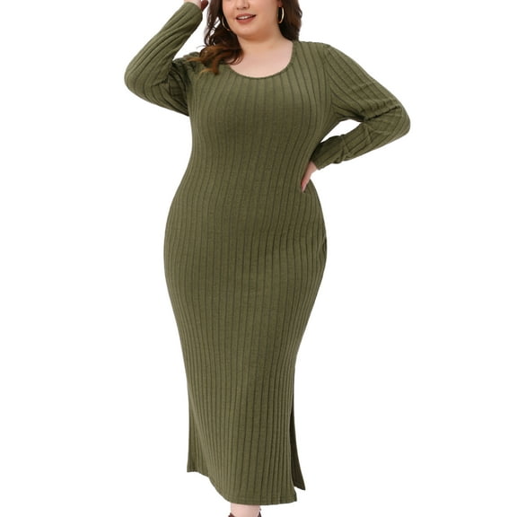 Agnes Orinda Women's Plus Size St. Patrick's Day Dresses Ribbed Knit Side Slit Crew Neck Long Sleeve Casual Slim Fit Bodycon Maxi Dress 2X Army Green