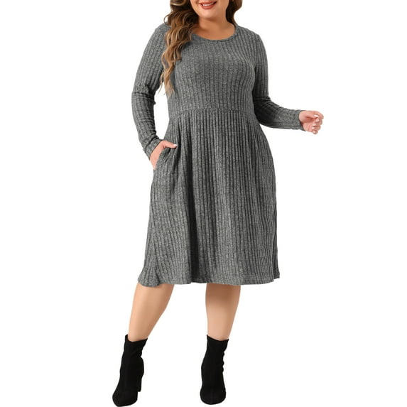 Agnes Orinda Women's Plus Size Dresses Round Neck Long Sleeve Ribbed Midi Knit Dress 4X Gray