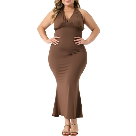 Agnes Orinda Women's Plus Size Dresses Sleeveless Deep V Neck Backless Tie Shoulder Bandage Bodycon Dress 2X Brown