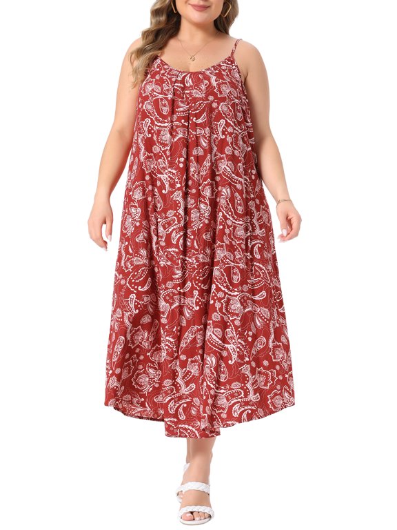 Women's Plus Size Spaghetti Straps Round Neck Bohemian Style Pattern Flowy Swing Casual Vacation Sundress 2X Crimson