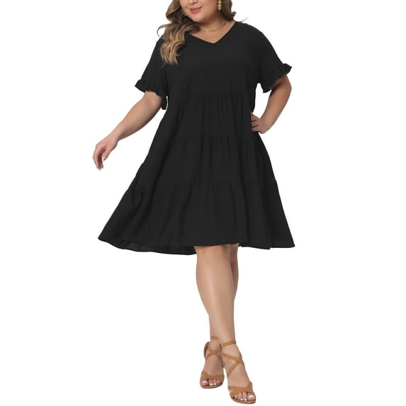 Agnes Orinda Women's Plus Size Dresses V Neck Ruffle Sleeve Swing A-Line Tiered Midi Dress with Pockets 1X Black