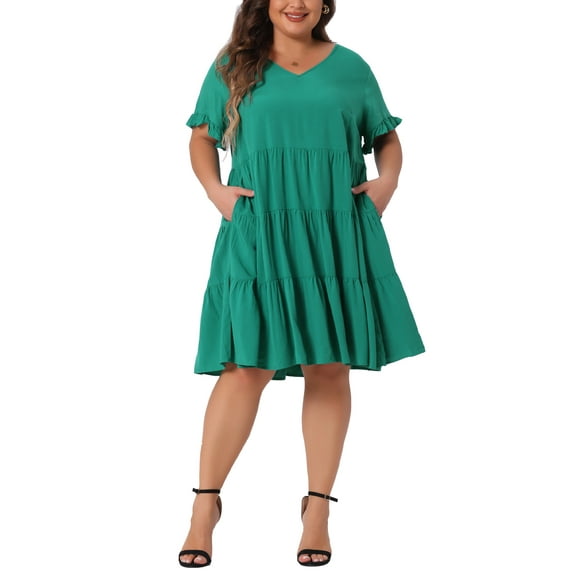 Agnes Orinda Women's Plus Size Dresses V Neck Ruffle Sleeve Swing A-Line Tiered Midi Dress with Pockets 4X Green