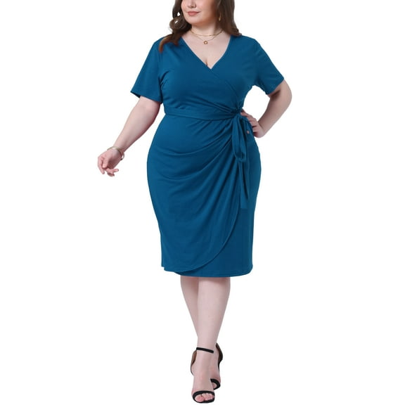 Agnes Orinda Women's Plus Size Dresses V Neck Short Sleeve Tulip Hem Ruched Wrap Midi Cocktail Dress with Belt 1X Teal Blue