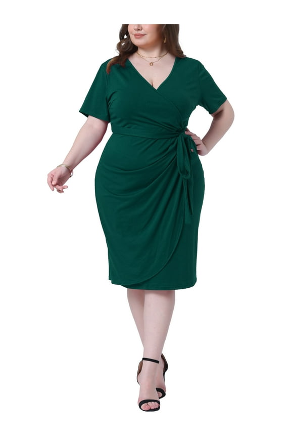 Women's Plus Size Dresses V Neck Short Sleeve Tulip Hem Ruched Wrap Midi Cocktail Dress with Belt 2X Dark Green