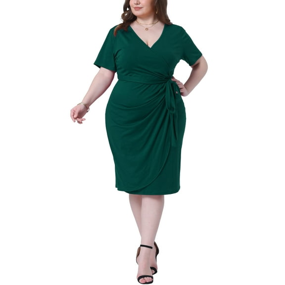 Agnes Orinda Women's Plus Size Dresses V Neck Short Sleeve Tulip Hem Ruched Wrap Midi Cocktail Dress with Belt 3X Dark Green