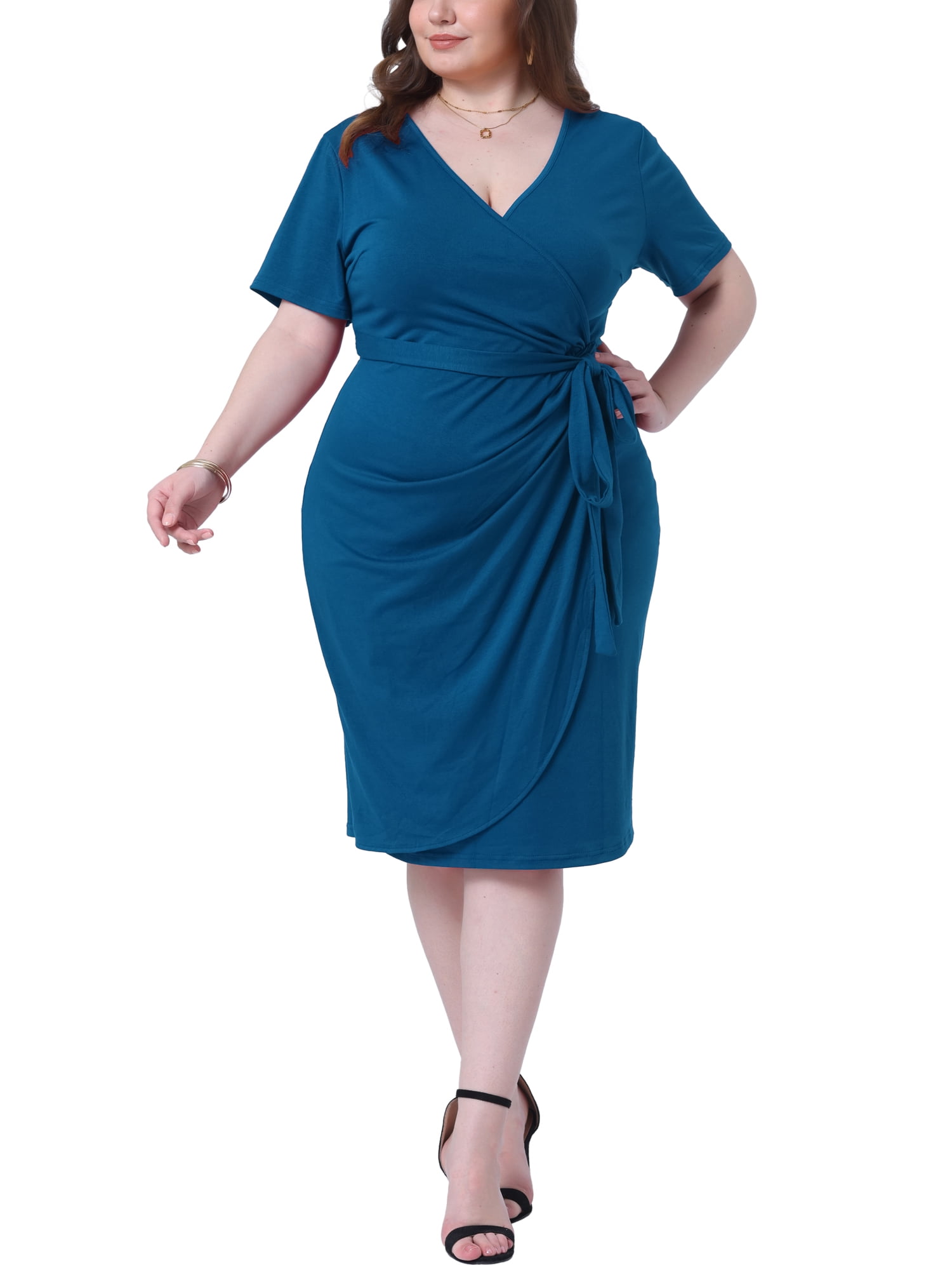 Agnes Orinda Women's Plus Size Dresses V Neck Short Sleeve Tulip Hem Ruched  Wrap Midi Cocktail Dress with Belt 1X Burgundy - Walmart.com