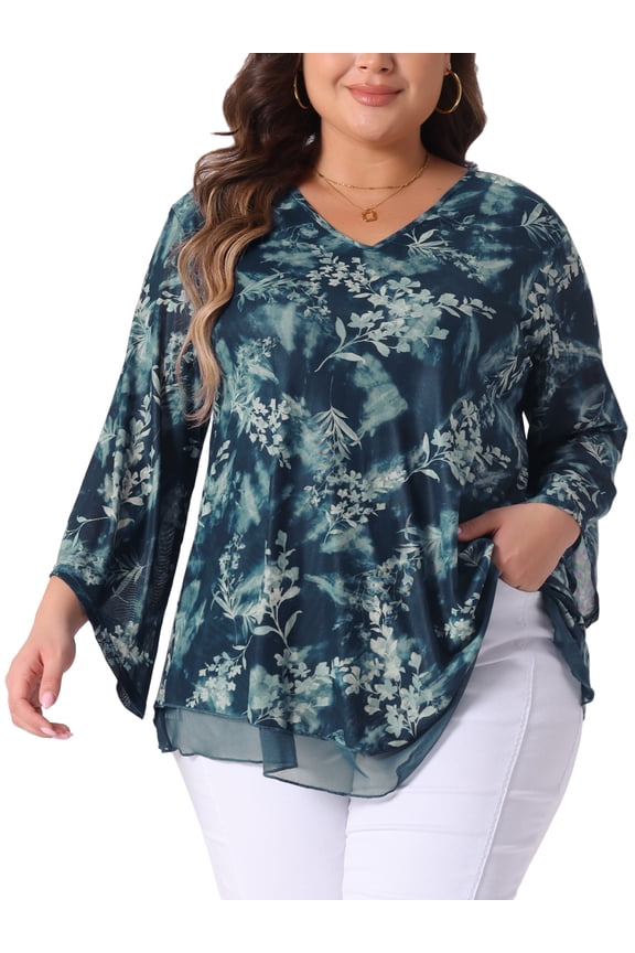 Women's Plus Size Dressy Blouse V Neck Mesh Casual Flowy Work Shirts 3/4 Flared Sleeve Tunic Tops 2X Cyan