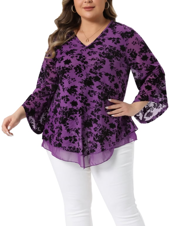 Women's Plus Size V Neck Mesh Blouse Flowy Double Layer 3/4 Sleeve Tunic Top Purple 2X
