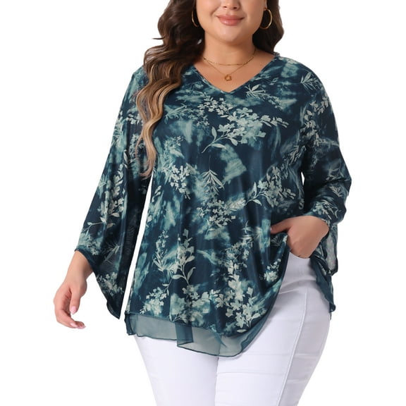 Agnes Orinda Women's Plus Size Dressy Blouse V Neck Mesh Casual Flowy Work Shirts 3/4 Flared Sleeve Tunic Tops 3X Cyan