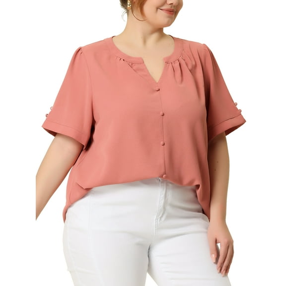 Agnes Orinda Women's Plus Size Dressy Button Down Ruched V Neck Office Shirt 1X Pink