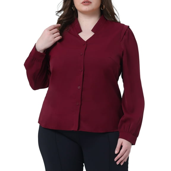 Agnes Orinda Women's Plus Size Dressy Casual Shirts Button Up Notch V Neck Long Sleeve Work Office Blouses Tops 1X Burgundy