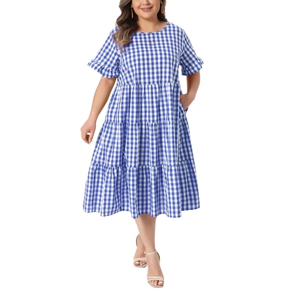 Agnes Orinda Women's Plus Size Easter Gingham Dresses Crew Neck Flared Short Sleeve Tiered Summer Casual Maxi A Line Dress with Pockets 2X Dark Blue