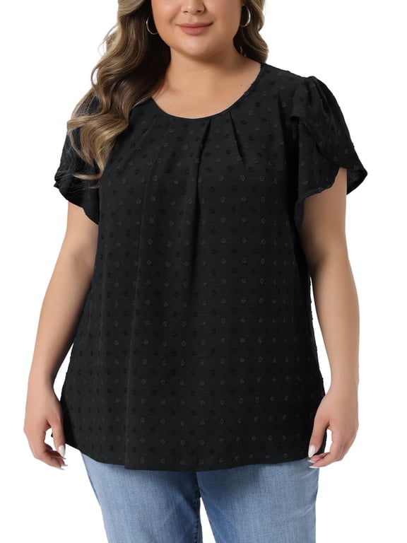 Women's Plus Size Easter Tops Swiss Dot Crew Neck Short Tulip Sleeve Shirts Front Pleated Summer Blouse 2X Black