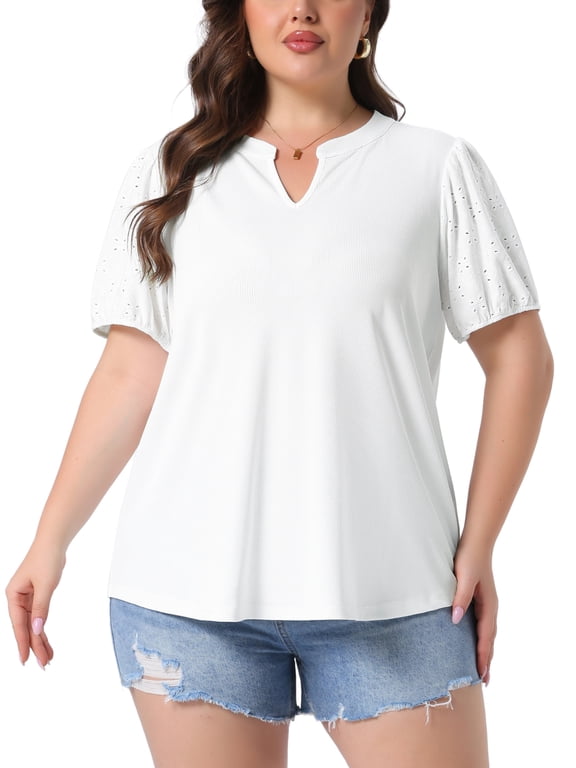 Women's Plus Size Easter Tops V Neck Eyelet Embroidery Puff Sleeve Textured 2026 Summer Fashion Casual Tunic Blouse 3X White