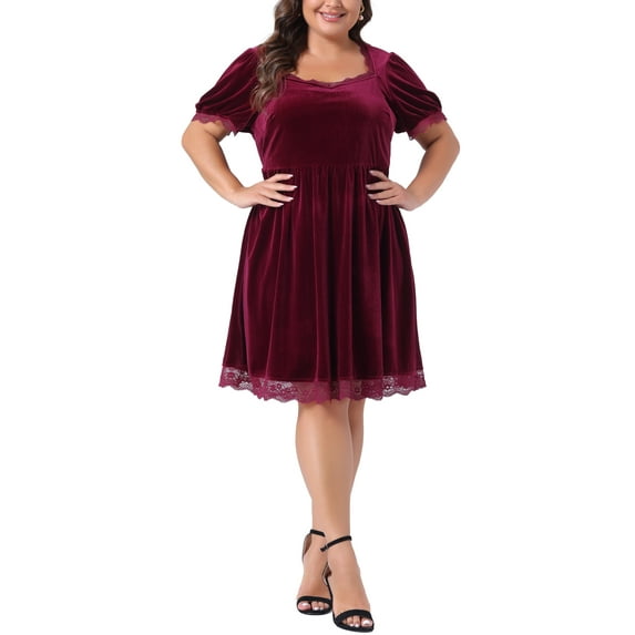 Agnes Orinda Women's Plus Size Velvet Lace Trim Halloween Babydoll Party A-Line Dress 1X Burgundy