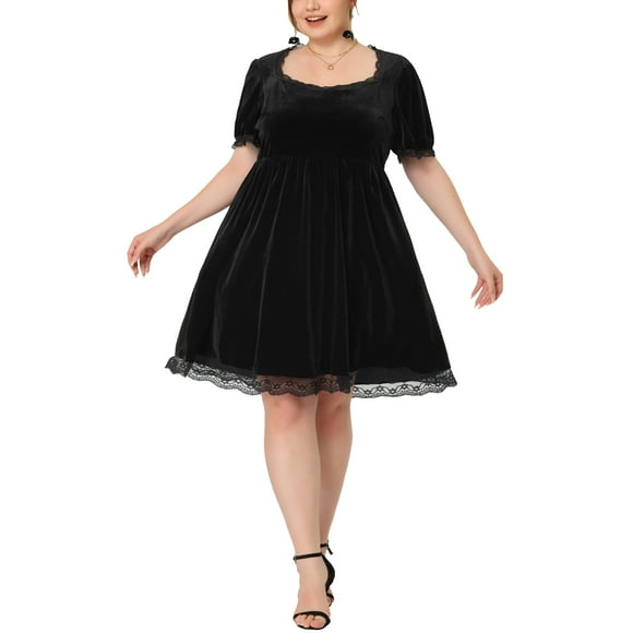 Agnes Orinda Women's Plus Size Velvet Lace Trim Halloween Babydoll Party A-Line Dress 3X Black