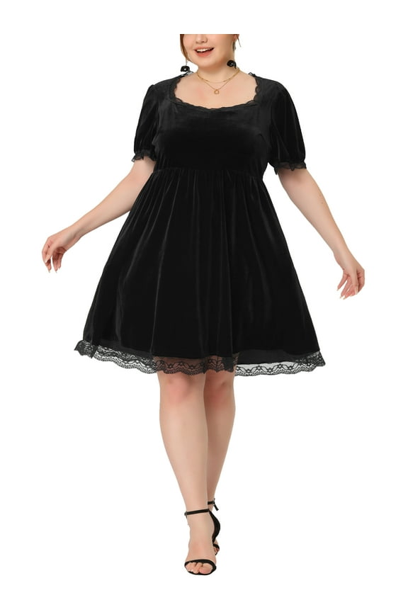 Women's Plus Size Velvet Lace Trim Halloween Babydoll Party A-Line Dress 3X Black