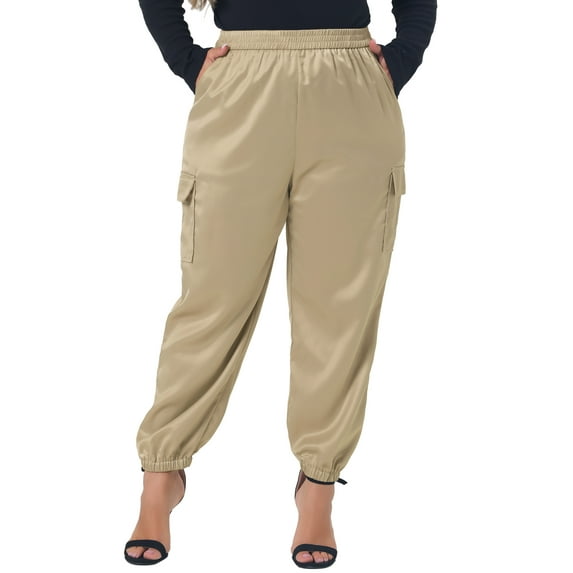 Agnes Orinda Women's Plus Size Elastic Waist Pockets Satin Joggers Ankle Length Cargo Pants 1X Khaki