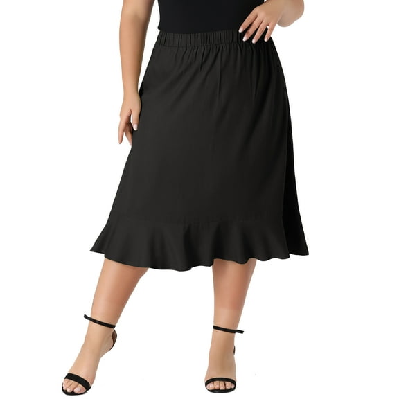 Agnes Orinda Women's Plus Size Elastic Waist Ruffled Hem Chambray Casual Midi Skirts 1X Black