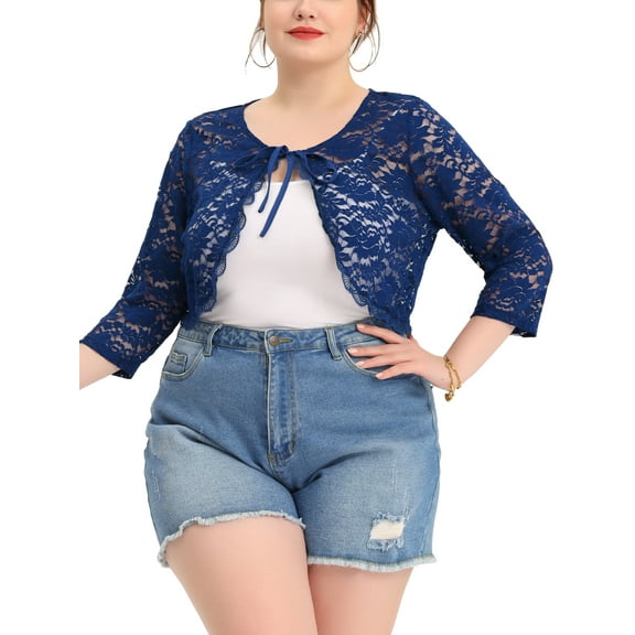 Agnes Orinda Bolero Cardigan for Women's Plus Size Office Tie Front Crop Floral Sheer Lace Shrug 2X Navy Blue