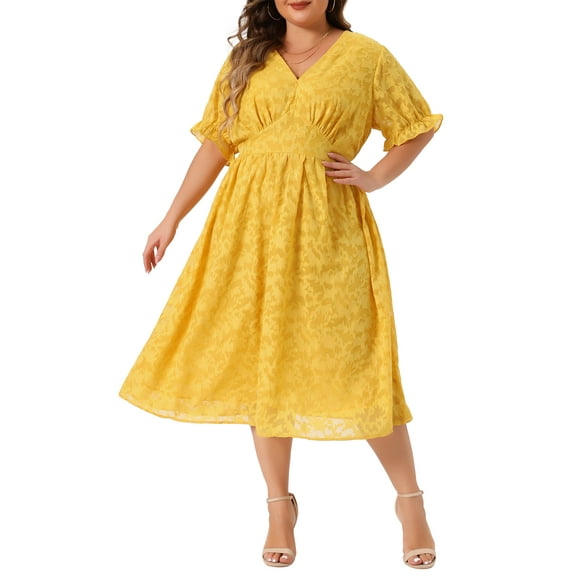 Agnes Orinda Women's Plus Size Elegant Lace Floral Ruffle Short Sleeve V Neck Trendy Midi Dresses 1X Yellow