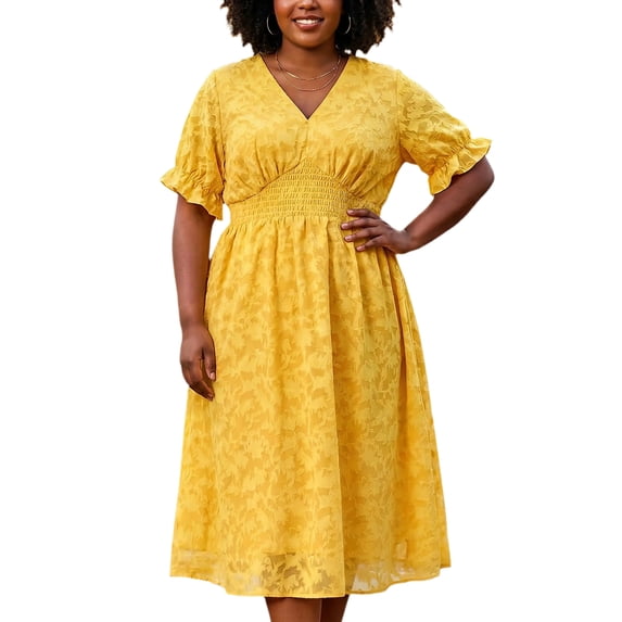 Agnes Orinda Women's Plus Size Elegant Floral Bubble Short Sleeves V Neck Trendy Mid Dresses 2X Yellow