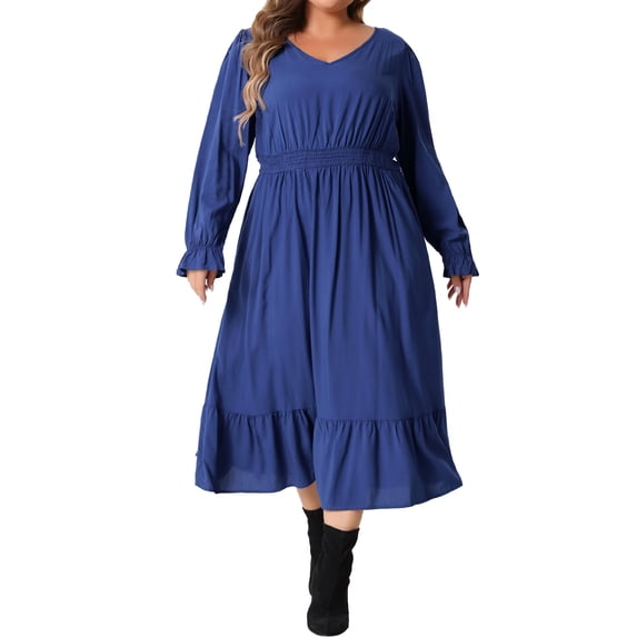 Agnes Orinda Women's Plus Size Elegant Long Sleeve High Waist Ruffle Hem Casual Long Dress with Pockets 1X Royal Blue
