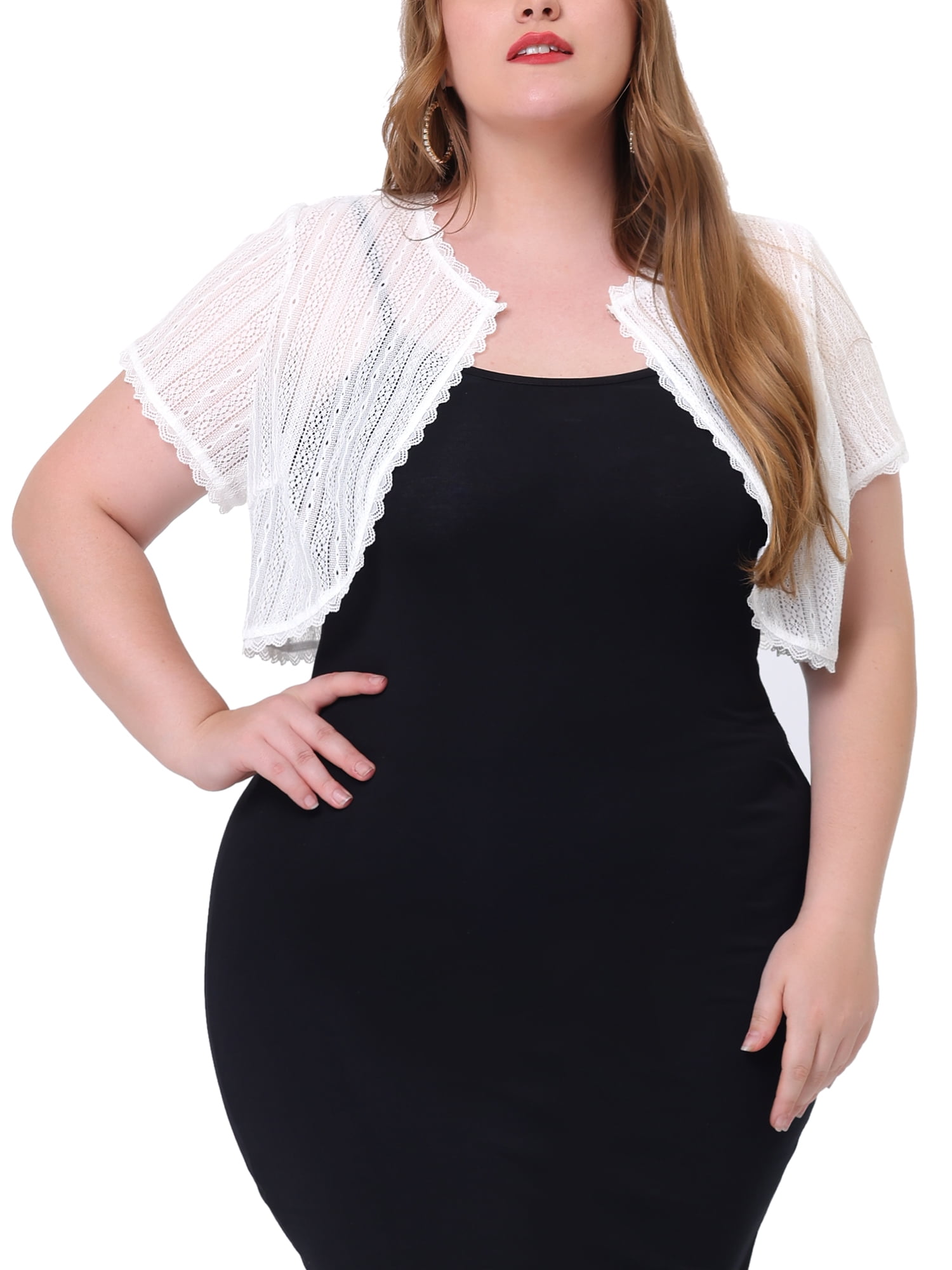 Agnes Orinda Women's Plus Size Elegant Short Sleeve Sheer Floral Lace Crop Shrugs