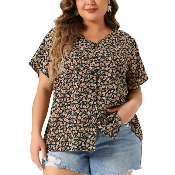 Agnes Orinda Women's Plus Size Blouses Floral Button Down Shirts V Neck Tops Ruffle Sleeve Casual Top 2X Black