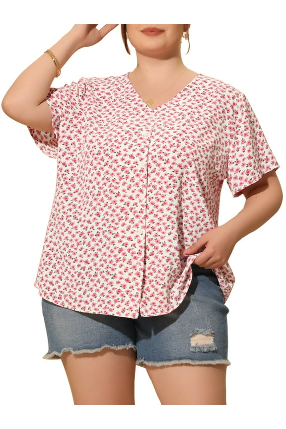 Women's Plus Size Blouses Floral Button Down Shirts V Neck Tops Ruffle Sleeve Casual Top 3X Pink