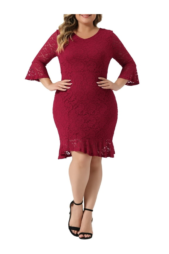 Women's Plus Size Engagement V Neck Fla Sleeve Ruffle Hem Lace Cocktail Bodycon Dress 1X Burgundy