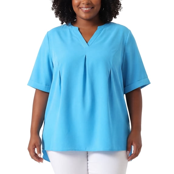 Agnes Orinda Women's Plus Size Blouses Casual Chiffon Pleated V Neck Work Shirts Tunic Tops 1X Blue