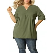 AGNES ORINDA Women's Plus Size Blouses Casual Chiffon Pleated V Neck Work Shirts Tunic Tops 1X Olive Green