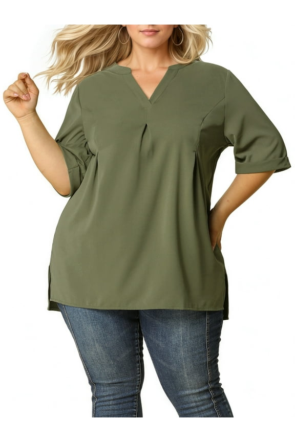 Women's Plus Size Blouses Casual Chiffon Pleated V Neck Work Shirts Tunic Tops 1X Olive Green