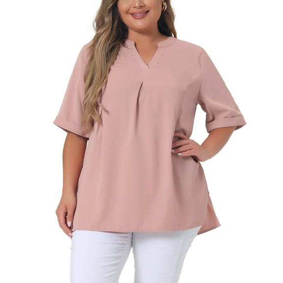 Agnes Orinda Women's Plus Size Blouses Casual Chiffon Pleated V Neck Work Shirts Tunic Tops 1X Pink