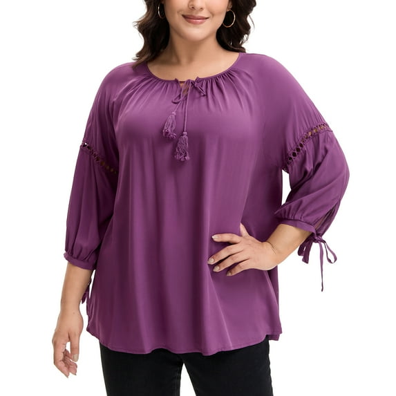 Agnes Orinda Women's Plus Size 3/4 Sleeves Tie Neck Hollow Out Tunic Peasant Spring Fall Blouse 1X Purple