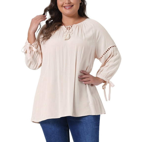 Agnes Orinda Women's Plus Size Valentines Day 3/4 Sleeves Tie Neck Hollow Out Tunic Peasant Spring Fall Blouse 2X Beige