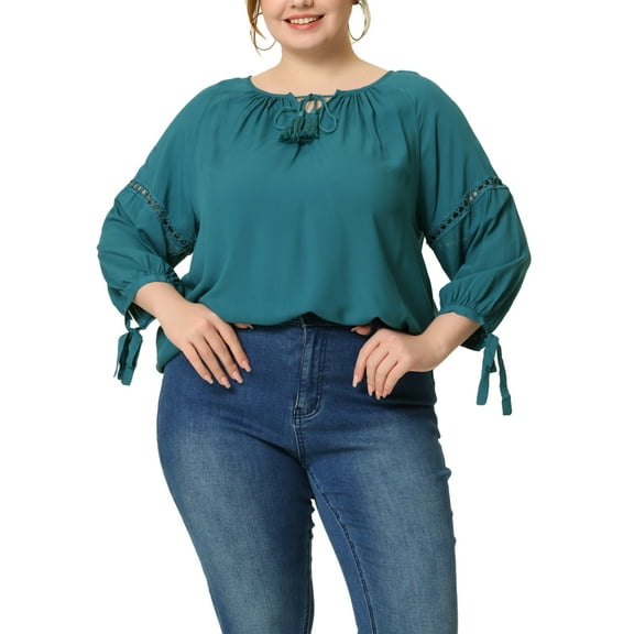 Agnes Orinda Women's Plus Size Valentines Day 3/4 Sleeves Tie Neck Hollow Out Tunic Peasant Spring Fall Blouse 2X Peacock Blue
