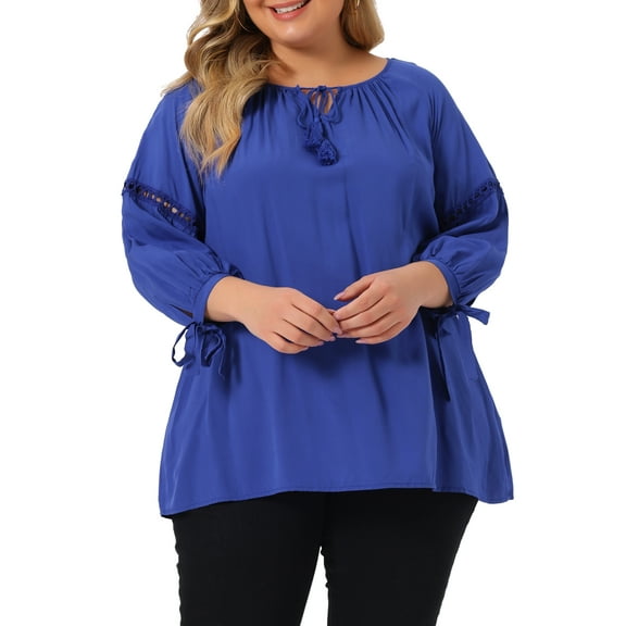 Agnes Orinda Women's Plus Size Valentines Day 3/4 Sleeves Tie Neck Hollow Out Tunic Peasant Spring Fall Blouse 2X Royal Blue